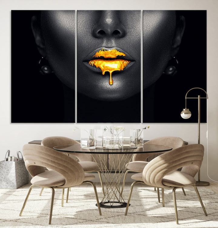 Honey Gold Lips and Black Woman Photograph Canvas Wall Art Print Makeup Canvas Art Lips Print Fashion Beauty Split