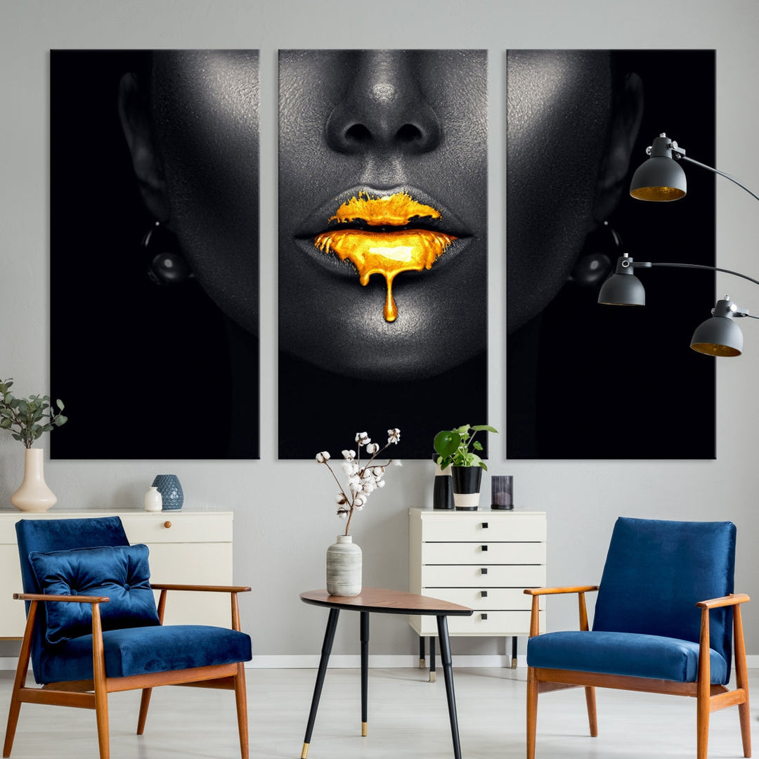 Honey Gold Lips and Black Woman Photograph Canvas Wall Art Print Makeup Canvas Art Lips Print Fashion Beauty Split