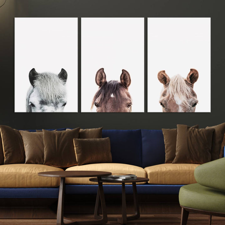 Horse Prints Set, Set of 3 Horse Wall Art, Horses Portraits, Farmhouse Wall Art, Farm Animals Canvas, Animals Portraits Set, Horse Poster