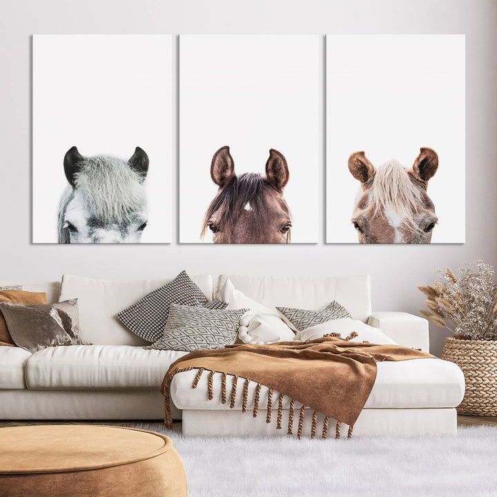 Horse Prints Set, Set of 3 Horse Wall Art, Horses Portraits, Farmhouse Wall Art, Farm Animals Canvas, Animals Portraits Set, Horse Poster