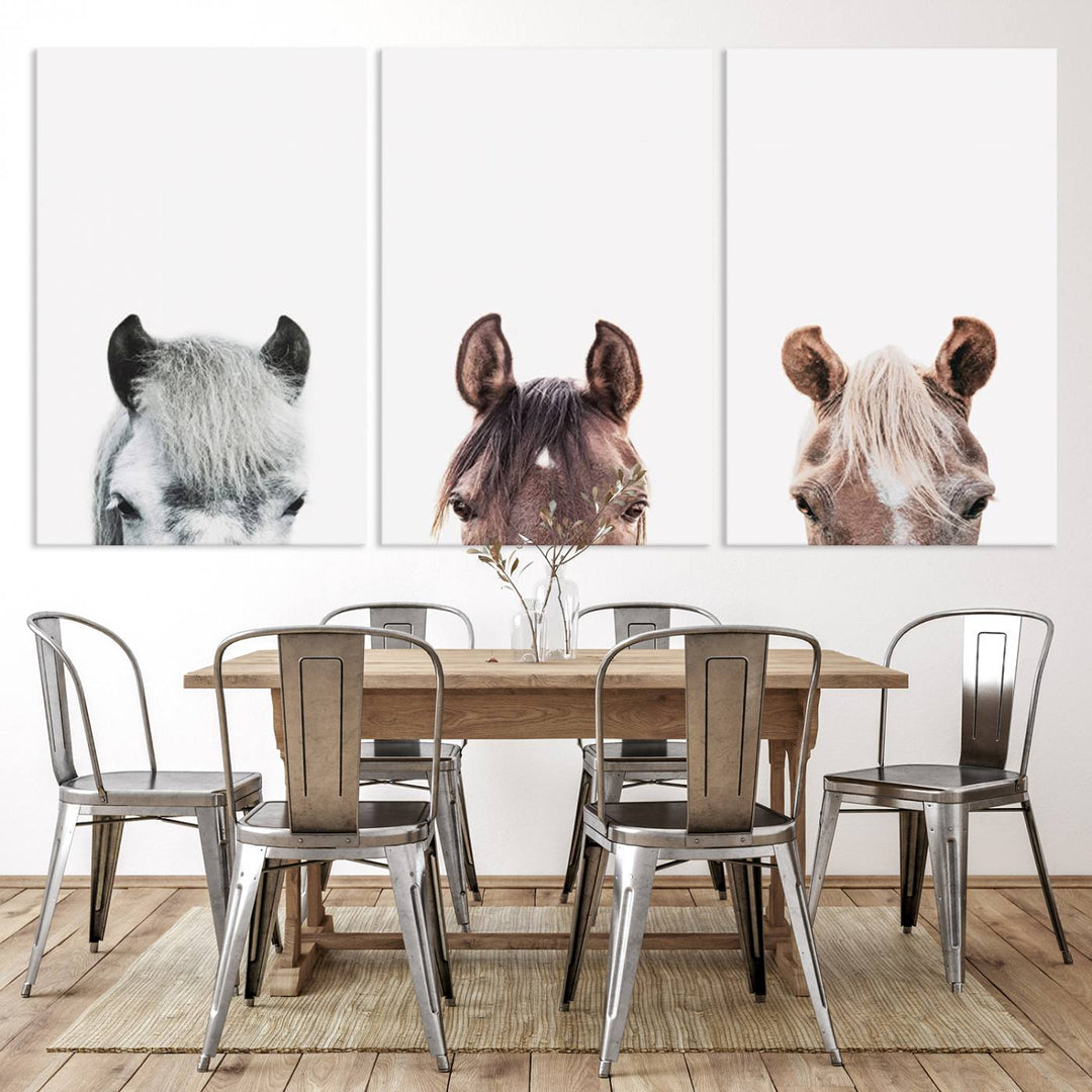 Horse Prints Set, Set of 3 Horse Wall Art, Horses Portraits, Farmhouse Wall Art, Farm Animals Canvas, Animals Portraits Set, Horse Poster