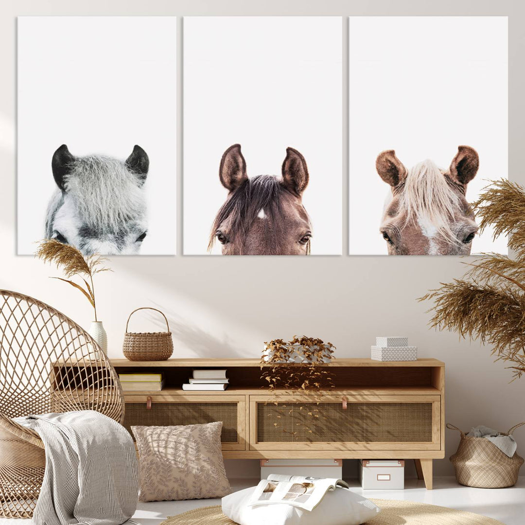 Horse Prints Set, Set of 3 Horse Wall Art, Horses Portraits, Farmhouse Wall Art, Farm Animals Canvas, Animals Portraits Set, Horse Poster