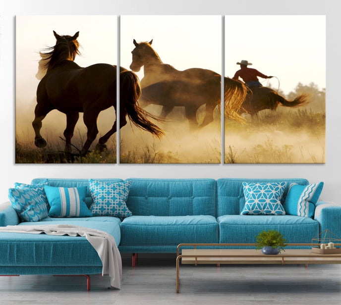 Horses and Cowboys Large Wall Art Canvas Print