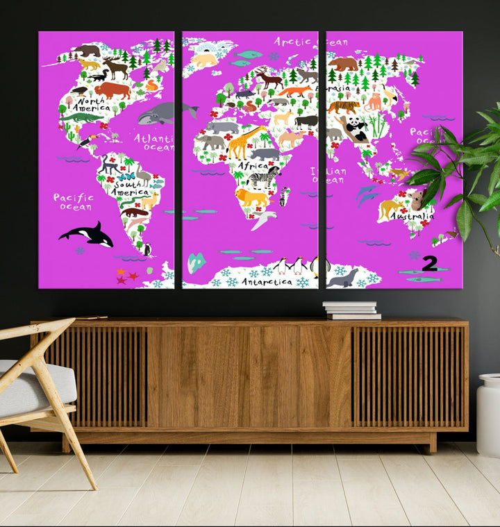 Hot Pink Animal World Map Canvas Prints For Kids Room Decoration, Kids World Map Canvas Print Nursery Room Canvas Wall