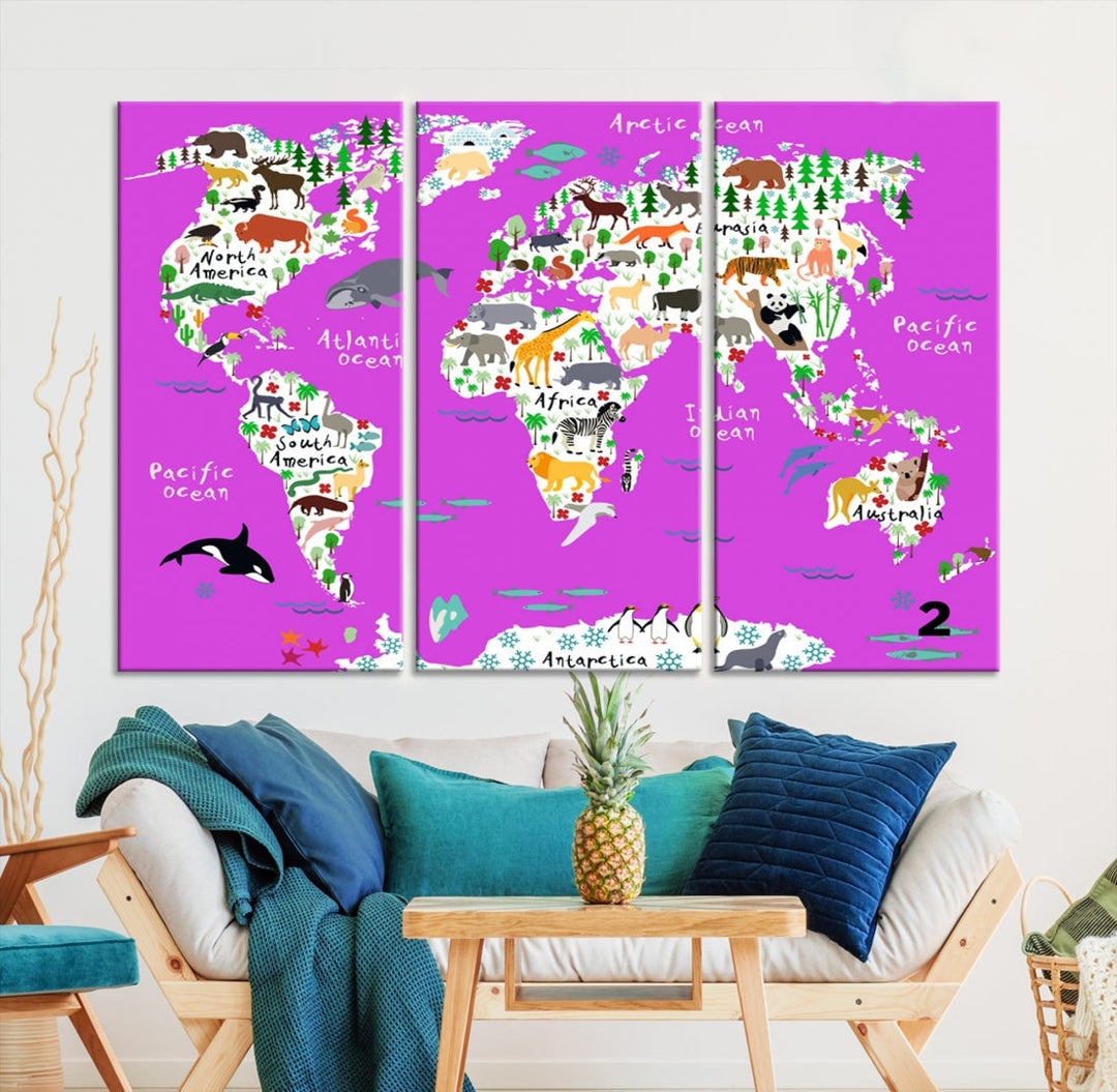 Hot Pink Animal World Map Canvas Prints For Kids Room Decoration, Kids World Map Canvas Print Nursery Room Canvas Wall