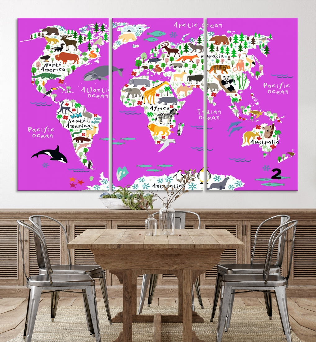 Hot Pink Animal World Map Canvas Prints For Kids Room Decoration, Kids World Map Canvas Print Nursery Room Canvas Wall