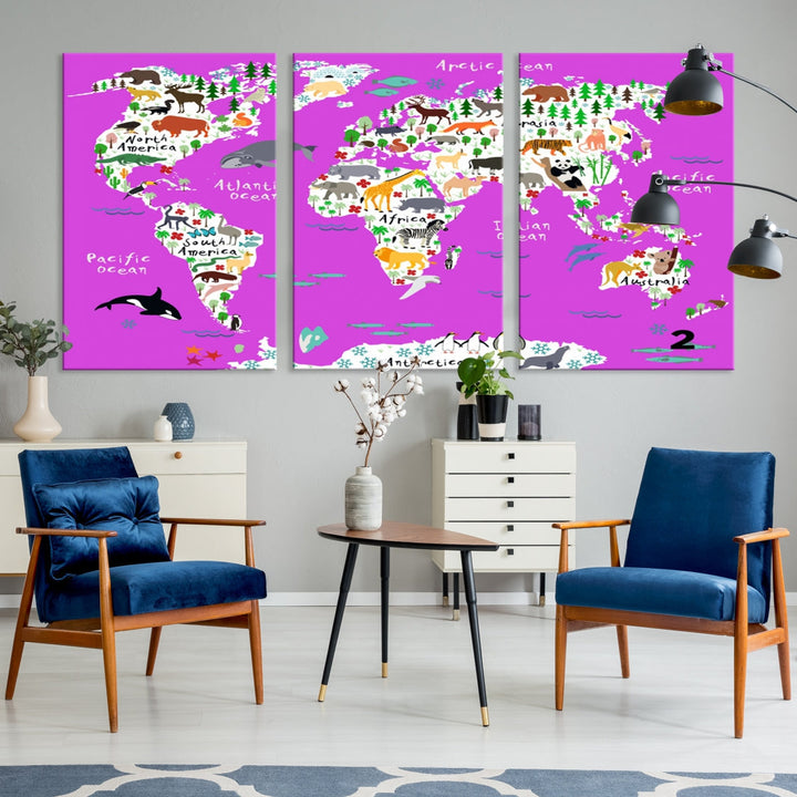 Hot Pink Animal World Map Canvas Prints For Kids Room Decoration, Kids World Map Canvas Print Nursery Room Canvas Wall