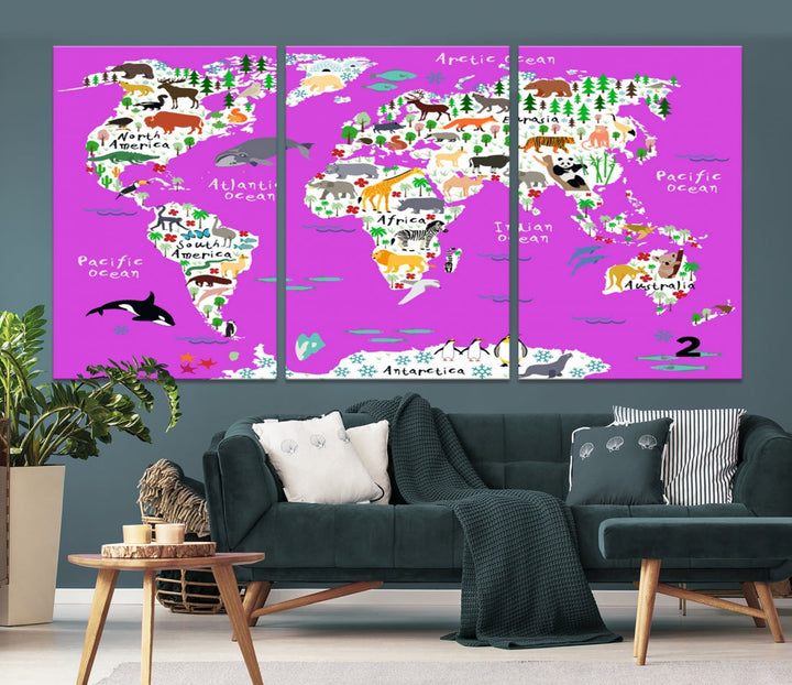 Hot Pink Animal World Map Canvas Prints For Kids Room Decoration, Kids World Map Canvas Print Nursery Room Canvas Wall