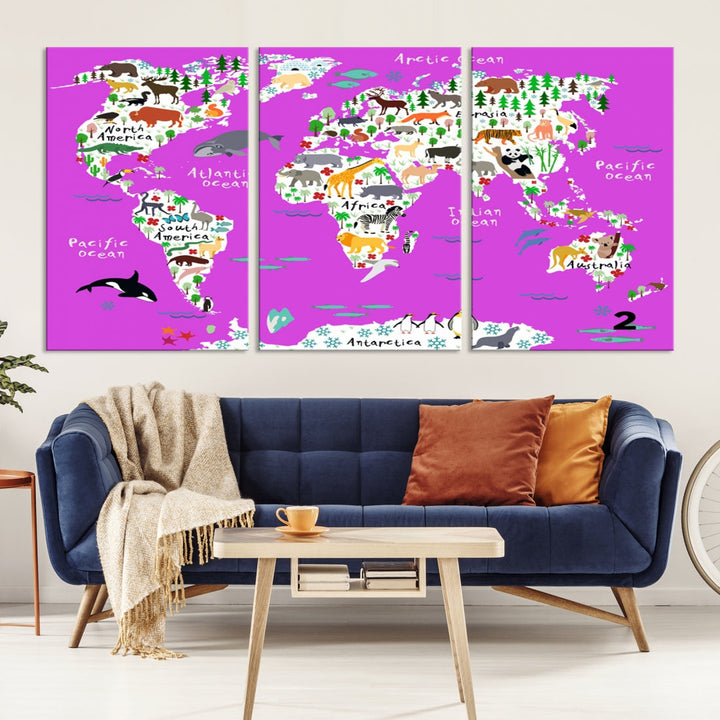 Hot Pink Animal World Map Canvas Prints For Kids Room Decoration, Kids World Map Canvas Print Nursery Room Canvas Wall