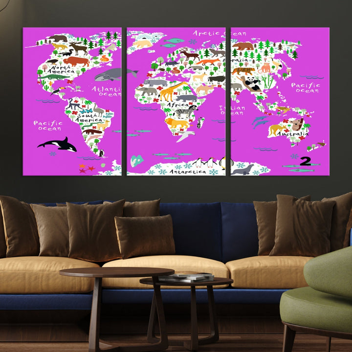 Hot Pink Animal World Map Canvas Prints For Kids Room Decoration, Kids World Map Canvas Print Nursery Room Canvas Wall