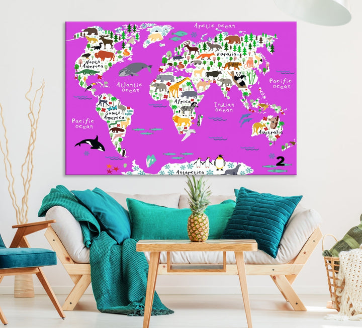 Hot Pink Animal World Map Canvas Prints For Kids Room Decoration, Kids World Map Canvas Print Nursery Room Canvas Wall