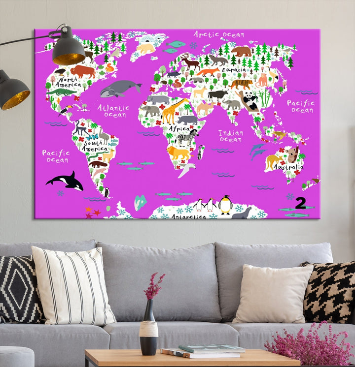 Hot Pink Animal World Map Canvas Prints For Kids Room Decoration, Kids World Map Canvas Print Nursery Room Canvas Wall