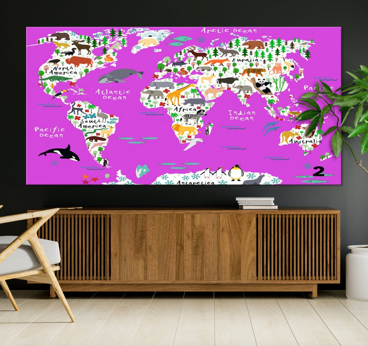 Hot Pink Animal World Map Canvas Prints For Kids Room Decoration, Kids World Map Canvas Print Nursery Room Canvas Wall