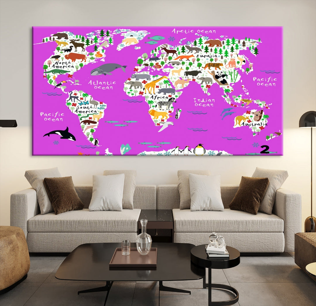 Hot Pink Animal World Map Canvas Prints For Kids Room Decoration, Kids World Map Canvas Print Nursery Room Canvas Wall