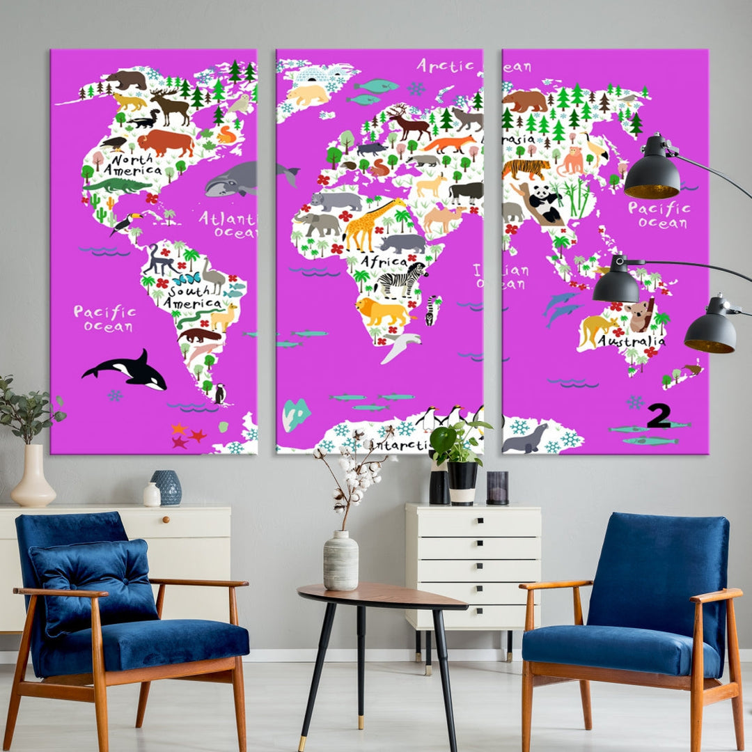 Hot Pink Animal World Map Canvas Prints For Kids Room Decoration, Kids World Map Canvas Print Nursery Room Canvas Wall