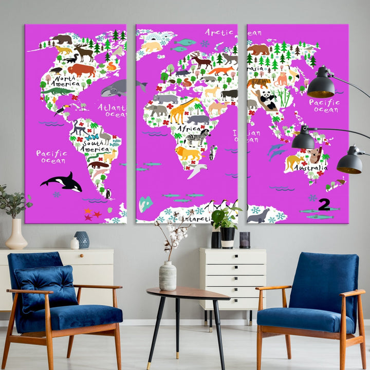 Hot Pink Animal World Map Canvas Prints For Kids Room Decoration, Kids World Map Canvas Print Nursery Room Canvas Wall