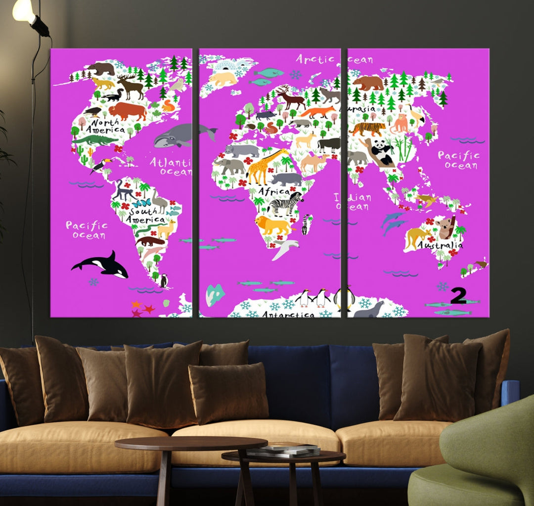 Hot Pink Animal World Map Canvas Prints For Kids Room Decoration, Kids World Map Canvas Print Nursery Room Canvas Wall