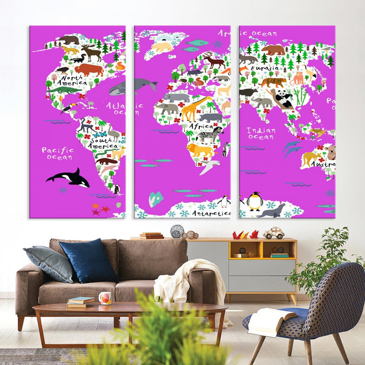 Hot Pink Animal World Map Canvas Prints For Kids Room Decoration, Kids World Map Canvas Print Nursery Room Canvas Wall