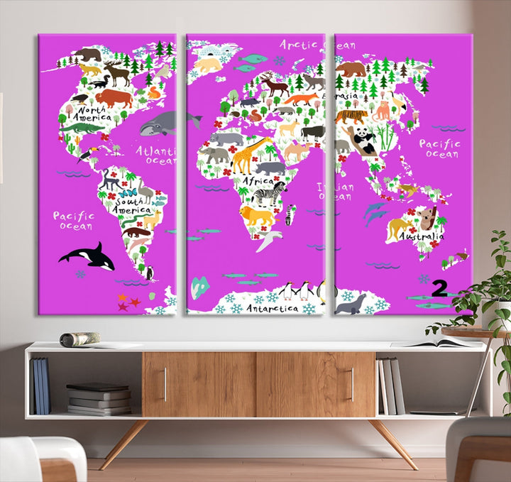 Hot Pink Animal World Map Canvas Prints For Kids Room Decoration, Kids World Map Canvas Print Nursery Room Canvas Wall