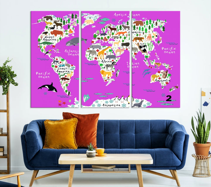 Hot Pink Animal World Map Canvas Prints For Kids Room Decoration, Kids World Map Canvas Print Nursery Room Canvas Wall