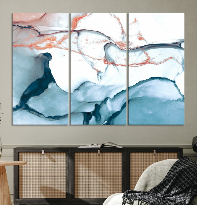 Ice Blue and Rose Gold Marble Abstract Wall Art Large Modern Canvas Print