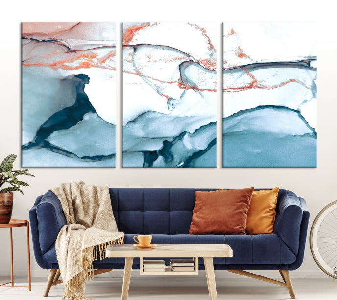 Ice Blue and Rose Gold Marble Abstract Wall Art Large Modern Canvas Print