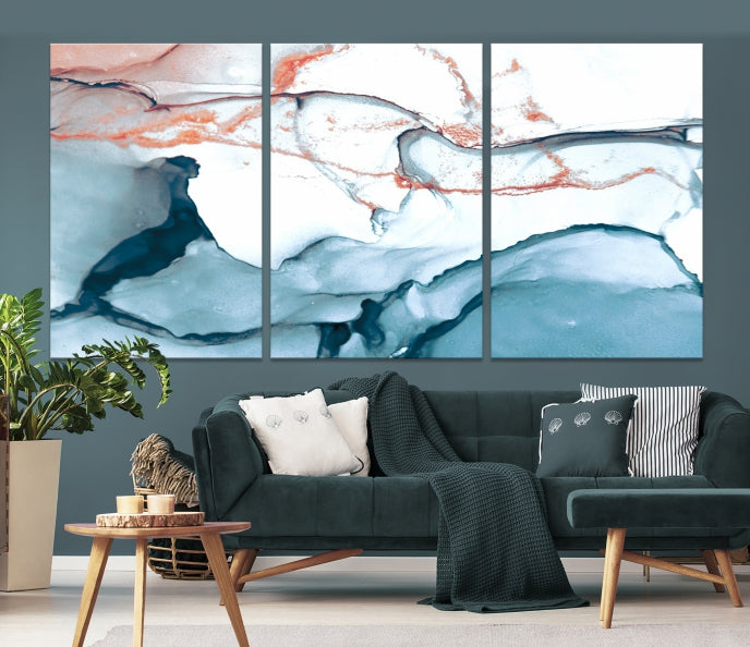 Ice Blue and Rose Gold Marble Abstract Wall Art Large Modern Canvas Print