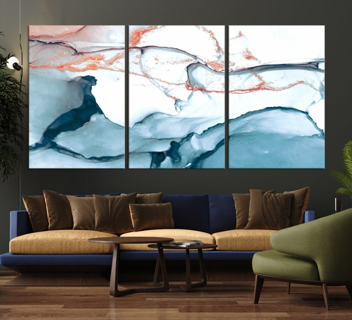 Ice Blue and Rose Gold Marble Abstract Wall Art Large Modern Canvas Print