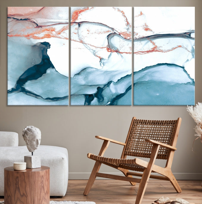 Ice Blue and Rose Gold Marble Abstract Wall Art Large Modern Canvas Print