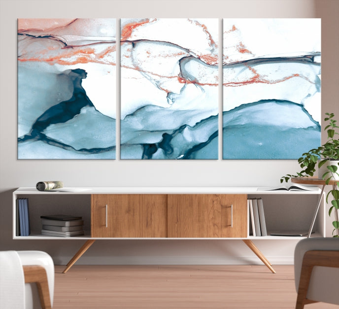 Ice Blue and Rose Gold Marble Abstract Wall Art Large Modern Canvas Print