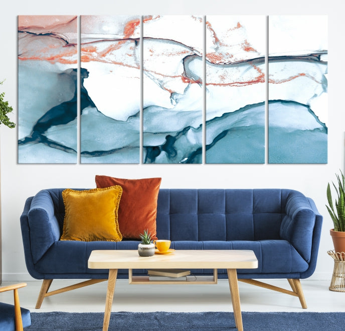 Ice Blue and Rose Gold Marble Abstract Wall Art Large Modern Canvas Print