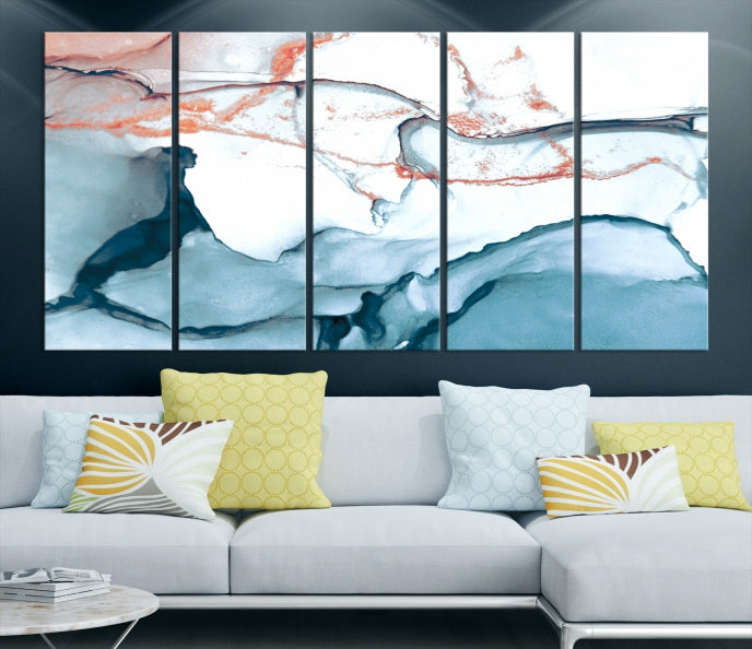 Ice Blue and Rose Gold Marble Abstract Wall Art Large Modern Canvas Print