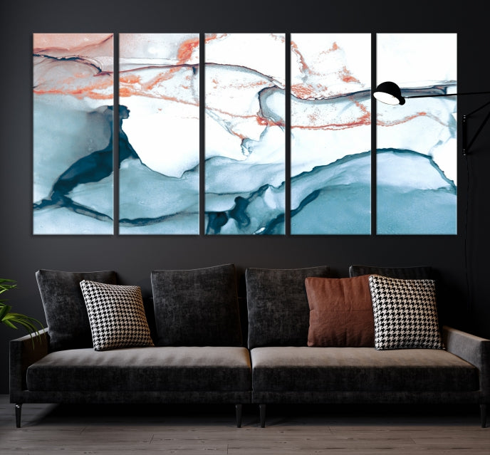 Ice Blue and Rose Gold Marble Abstract Wall Art Large Modern Canvas Print