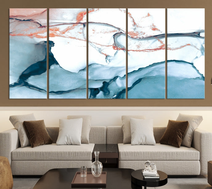 Ice Blue and Rose Gold Marble Abstract Wall Art Large Modern Canvas Print