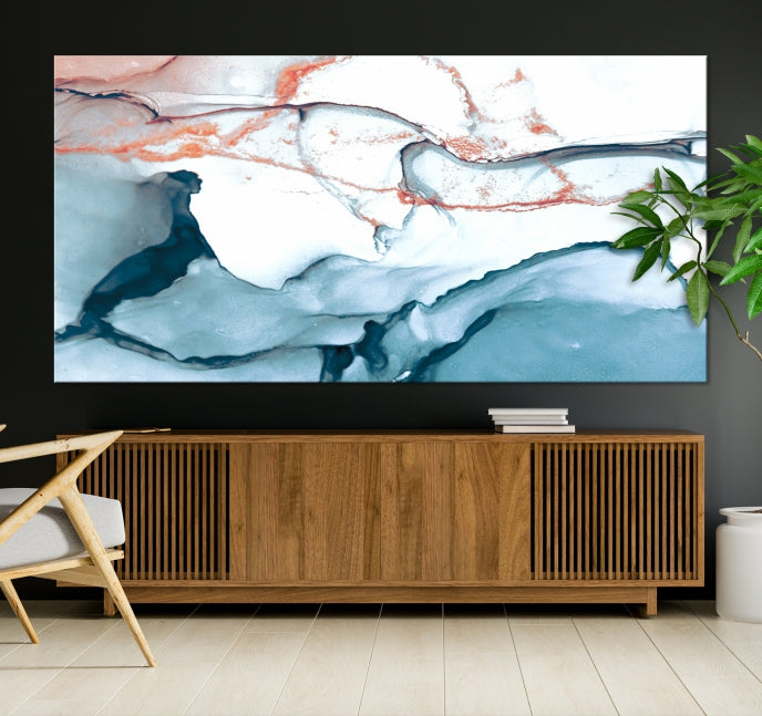 Ice Blue and Rose Gold Marble Abstract Wall Art Large Modern Canvas Print