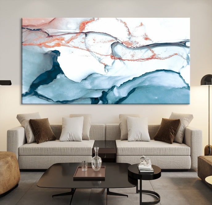 Ice Blue and Rose Gold Marble Abstract Wall Art Large Modern Canvas Print