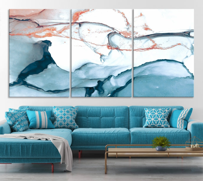 Ice Blue and Rose Gold Marble Abstract Wall Art Large Modern Canvas Print