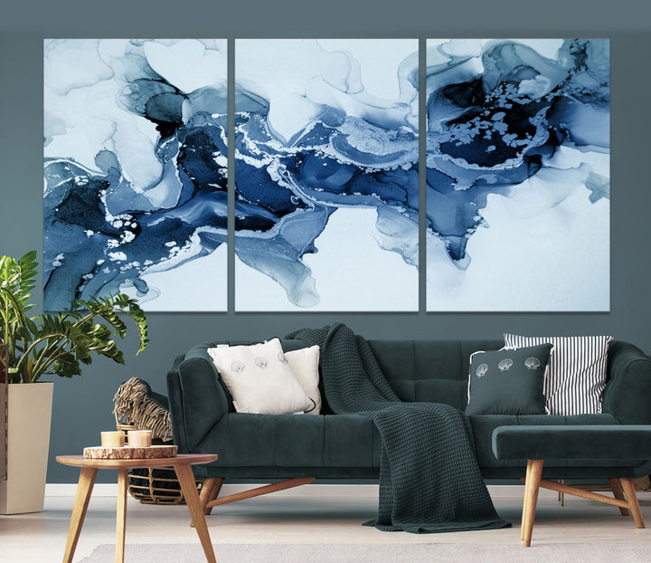 Ice Blue Marble Fluid Effect Wall Art Abstract Painting Premium Giclee Canvas Print