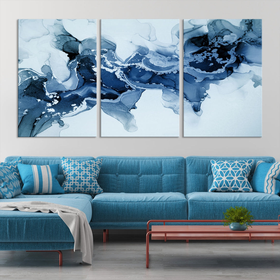 Ice Blue Marble Fluid Effect Wall Art Abstract Painting Premium Giclee Canvas Print