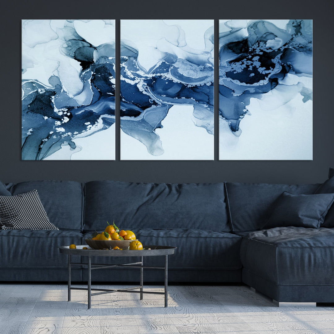 Ice Blue Marble Fluid Effect Wall Art Abstract Painting Premium Giclee Canvas Print