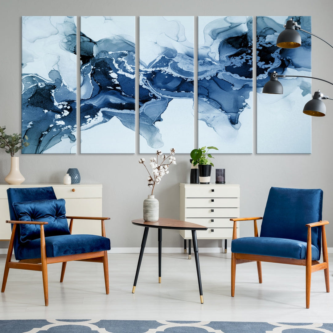 Ice Blue Marble Fluid Effect Wall Art Abstract Painting Premium Giclee Canvas Print