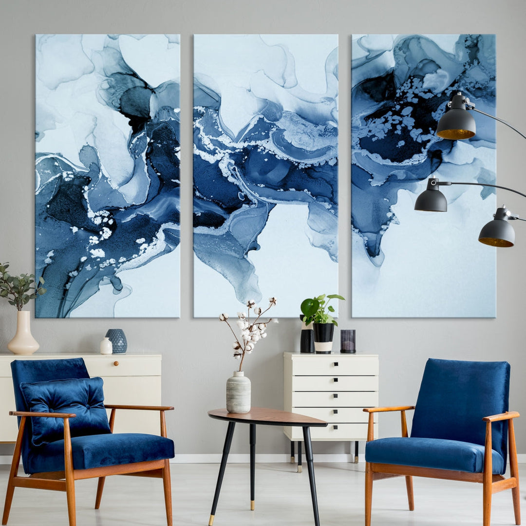 Ice Blue Marble Fluid Effect Wall Art Abstract Painting Premium Giclee Canvas Print