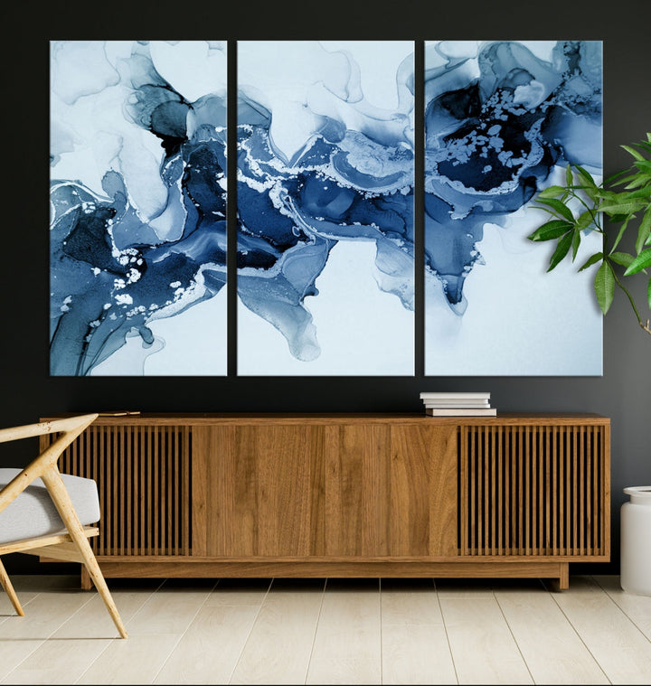 Ice Blue Marble Fluid Effect Wall Art Abstract Painting Premium Giclee Canvas Print