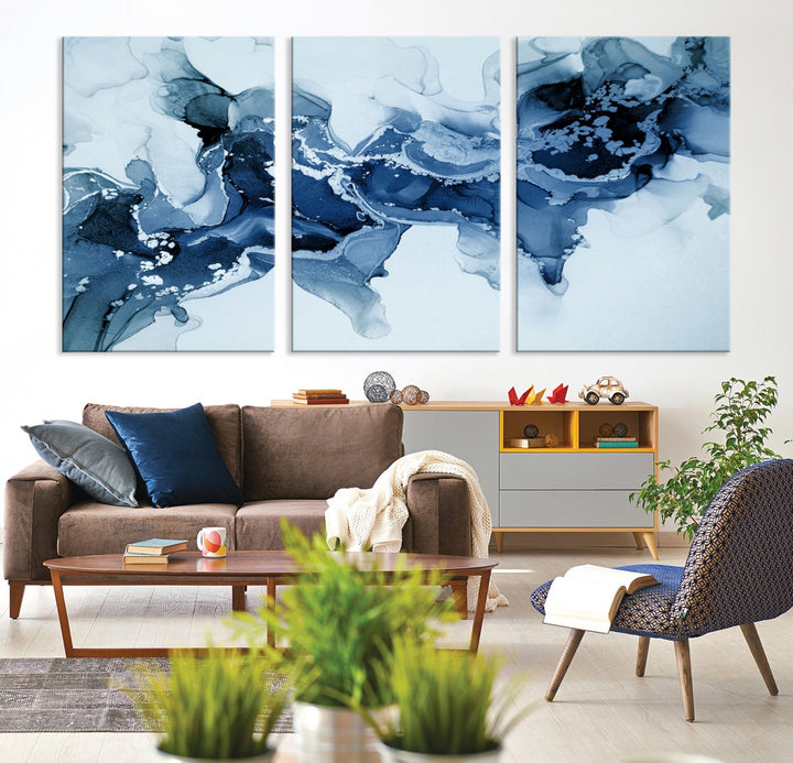 Ice Blue Marble Fluid Effect Wall Art Abstract Painting Premium Giclee Canvas Print