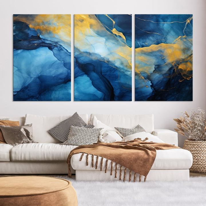 Ice Blue Marble Print, Abstract Painting on Canvas, Large Wall Art, Set of Print, Modern Wall Decor