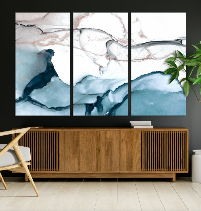 Ice Cracking Blue and Rose Gold Abstract Wall Art Large Modern Canvas Print