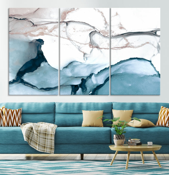 Ice Cracking Blue and Rose Gold Abstract Wall Art Large Modern Canvas Print