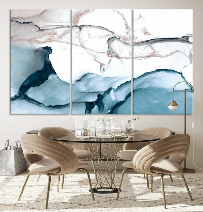 Ice Cracking Blue and Rose Gold Abstract Wall Art Large Modern Canvas Print