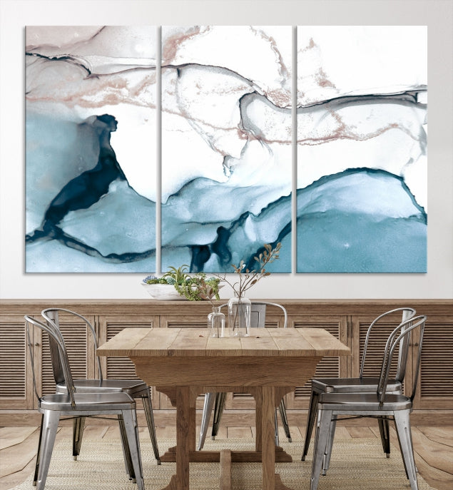 Ice Cracking Blue and Rose Gold Abstract Wall Art Large Modern Canvas Print