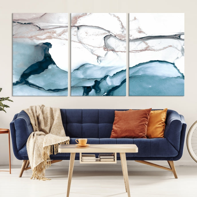 Ice Cracking Blue and Rose Gold Abstract Wall Art Large Modern Canvas Print